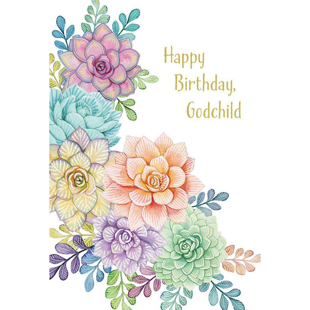 Succulents birthday card for godchild from Sienna's Garden by Pictura, featuring colorful succulent illustrations on a greeting card.